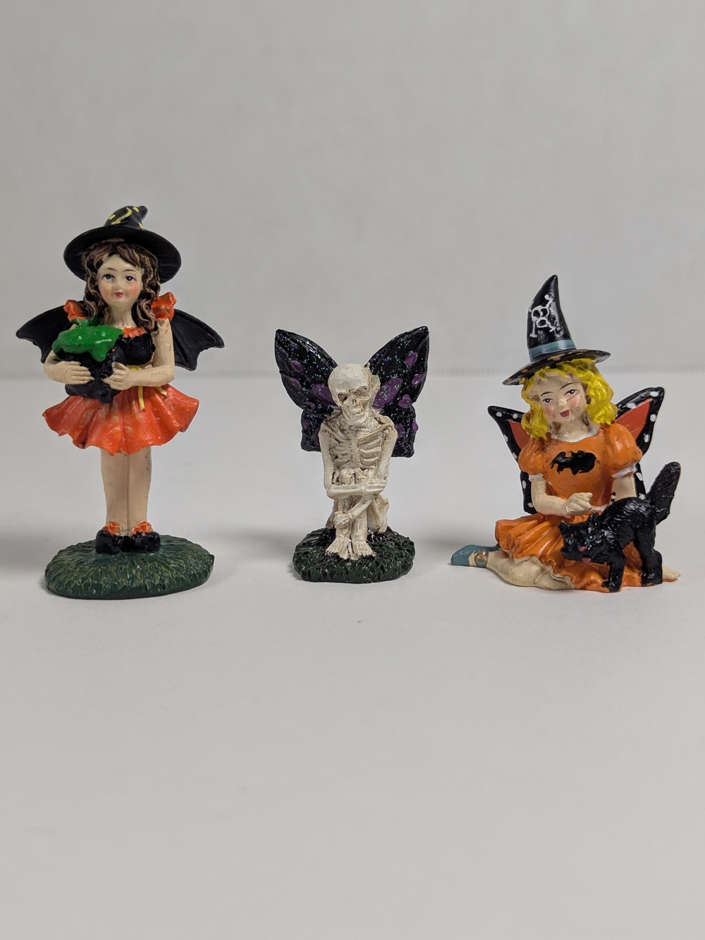 3 Pc Halloween Witch Figures Lot Skeleton Fairy Bat Wings Black Cat Spooky Decor